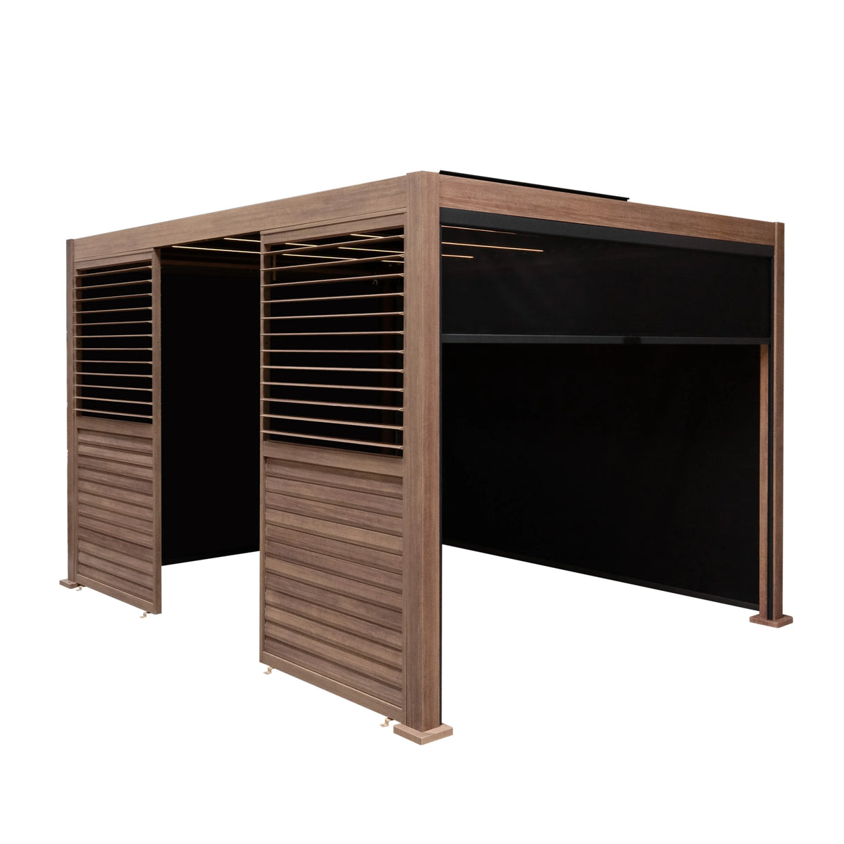 Wood effect aluminium pergola with blinds, two side panels, and integrated LED lights, measuring 4m x 3m, showcasing a modern design