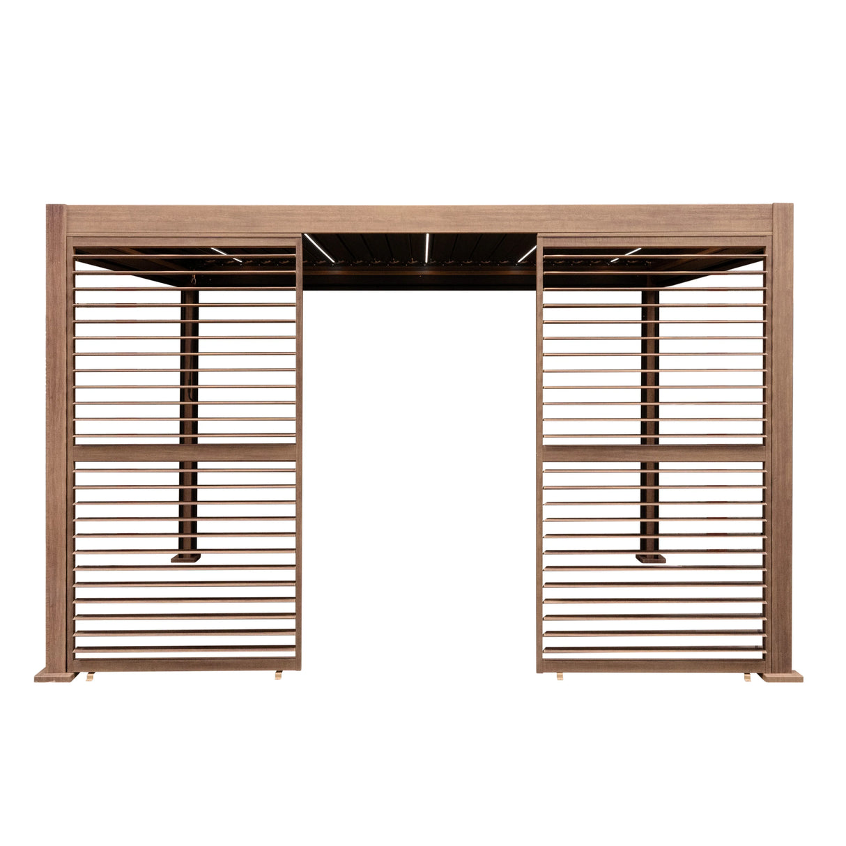 Wood effect aluminium pergola with blinds, featuring two side panels and integrated LED lights, ideal for outdoor spaces