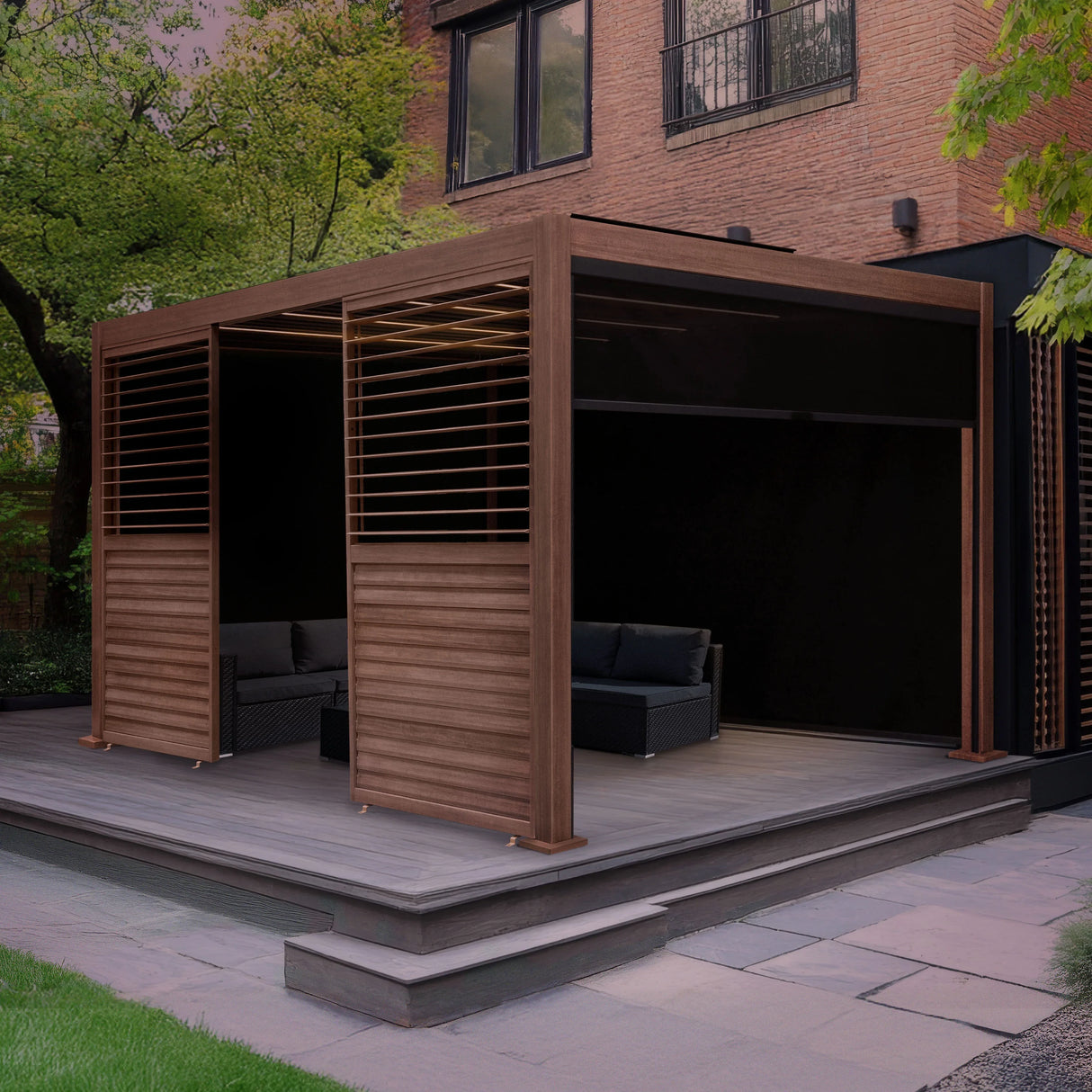 Wood effect aluminium pergola with blinds, side panels, and LED lights, featuring a modern design and cozy seating area in a garden setting