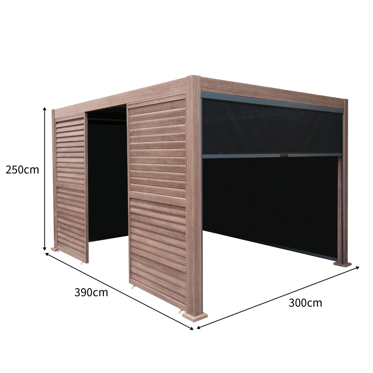Wood effect aluminium pergola with blinds, two side panels, LED lights, measuring 4m x 3m, showcasing a modern outdoor design