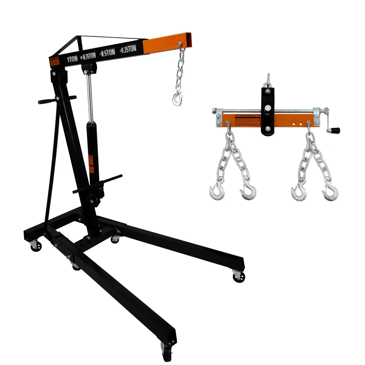 Heavy-duty engine crane with a black frame, orange accents, and a load leveller featuring three hooks and adjustable chains for lifting