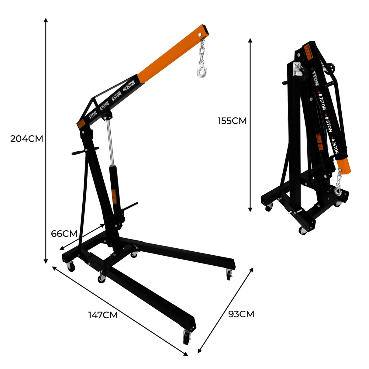 Engine crane with a 1-tonne capacity, featuring a sturdy black frame, orange arm, and adjustable height, shown in extended and folded positions