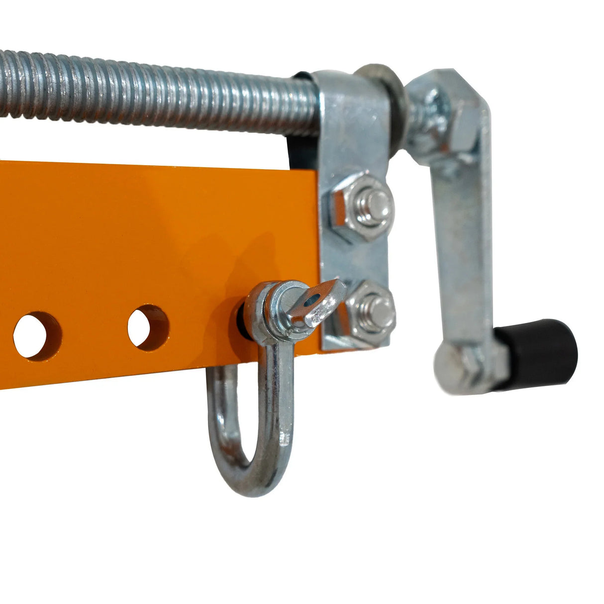 Close-up of the Engine Crane 1 Tonne load leveller, featuring a sturdy orange metal frame, adjustable hook, and durable metal components