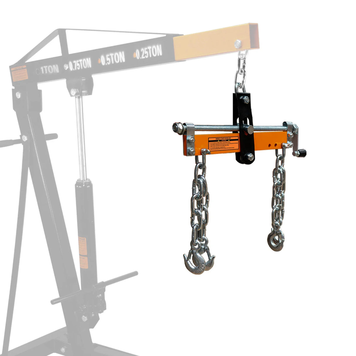 Engine load leveller with a sturdy black and orange design, featuring adjustable chains and hooks for lifting heavy loads safely