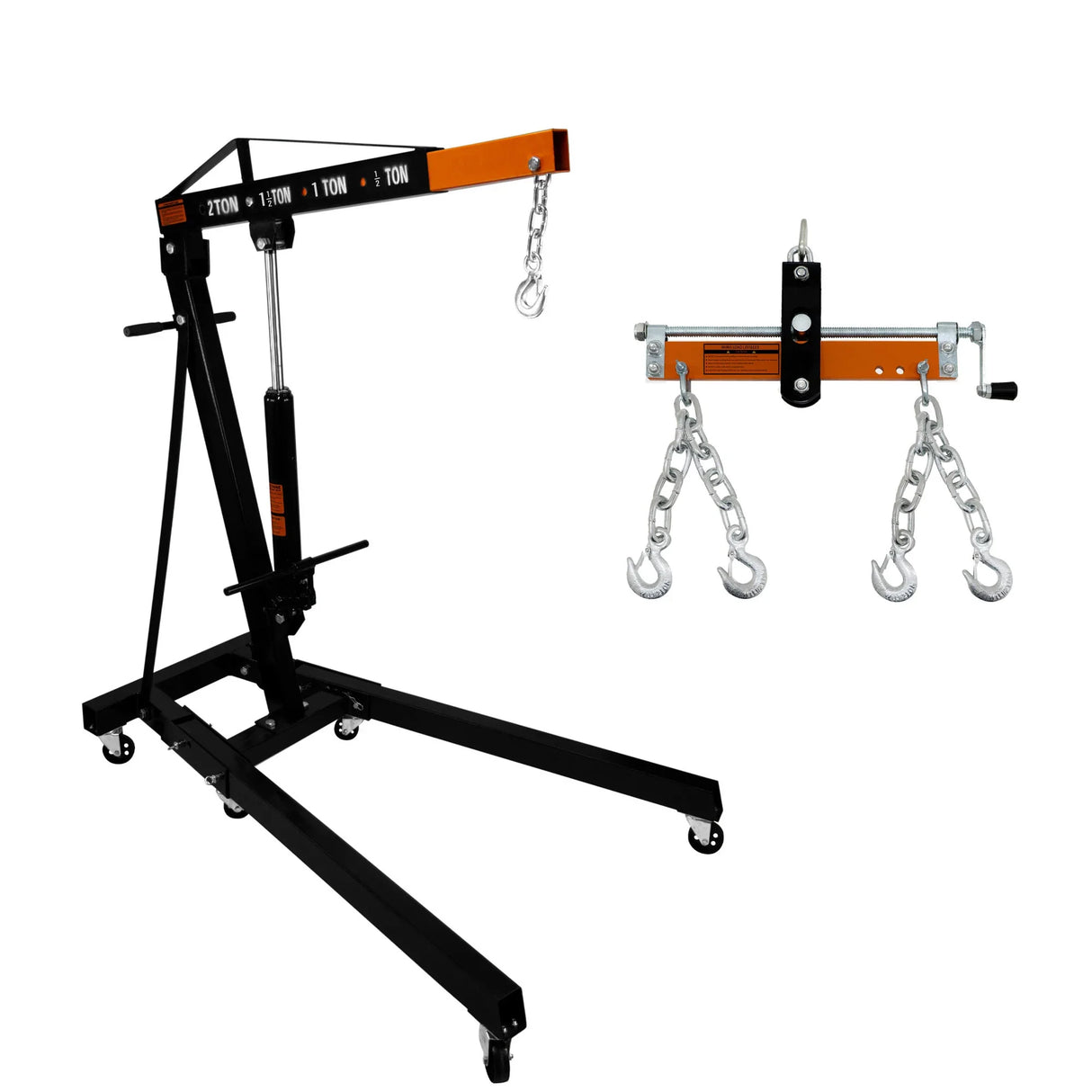 Heavy-duty engine crane with a 2-ton capacity, featuring a black frame, orange accents, and a load leveller with hooks and chains