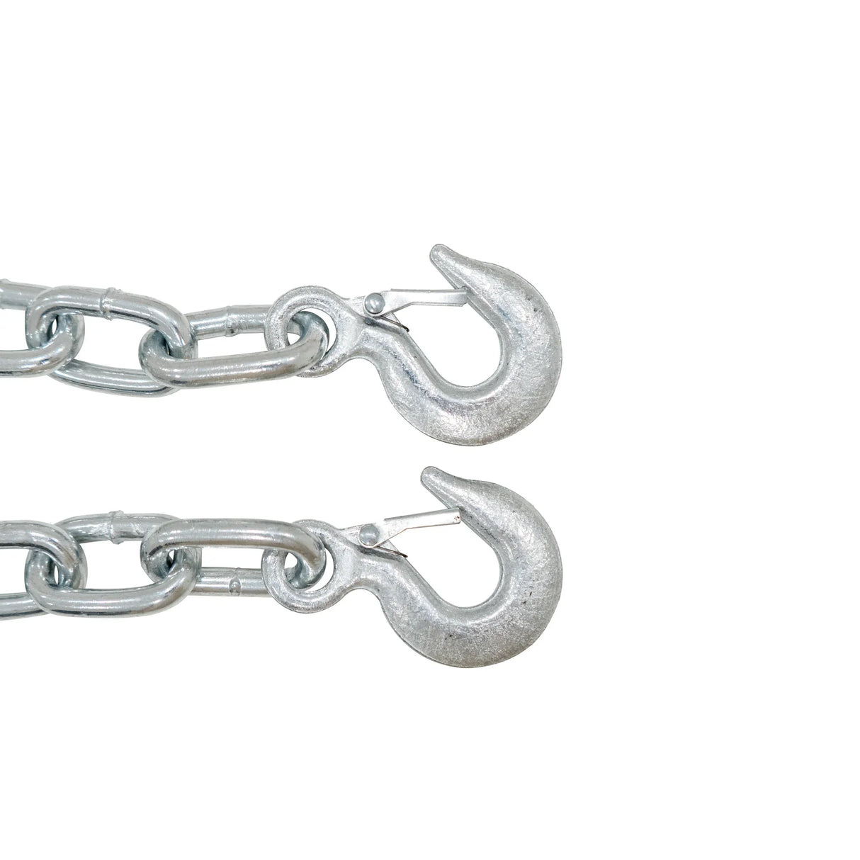 Silver metal hooks attached to sturdy chains, designed for use with the Engine Crane 2 Tonne & Load Leveller, showcasing durability and strength