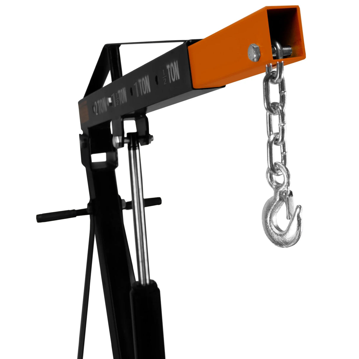 Heavy-duty engine crane with a bright orange load hook, sturdy black frame, and adjustable height for lifting up to 2 tonnes