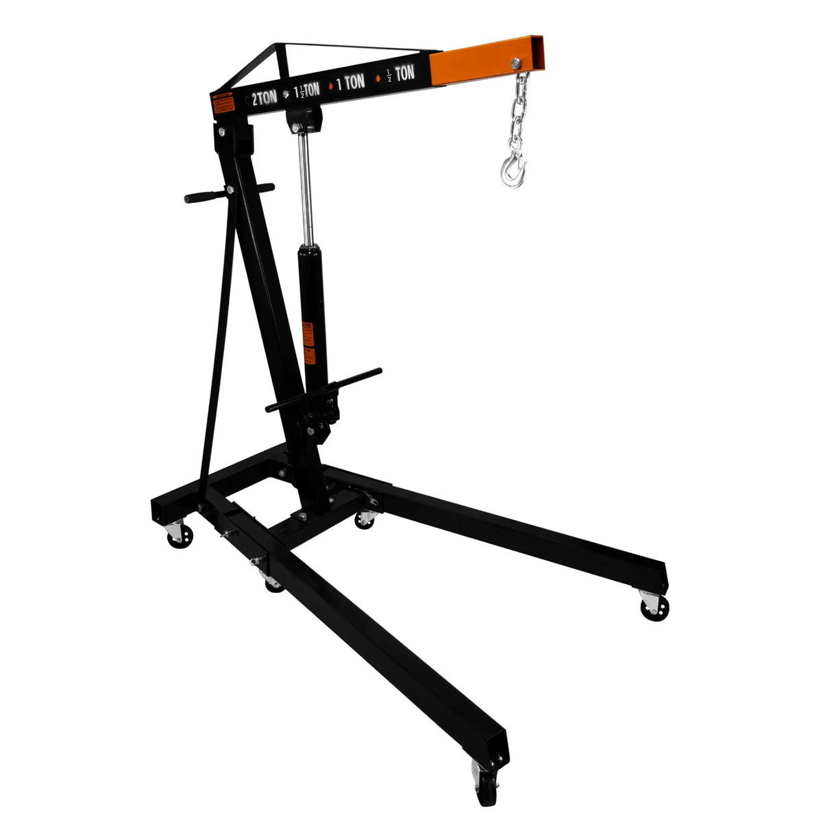 Heavy-duty black engine crane with orange accents, featuring a load leveller, adjustable arm, and sturdy wheels for mobility