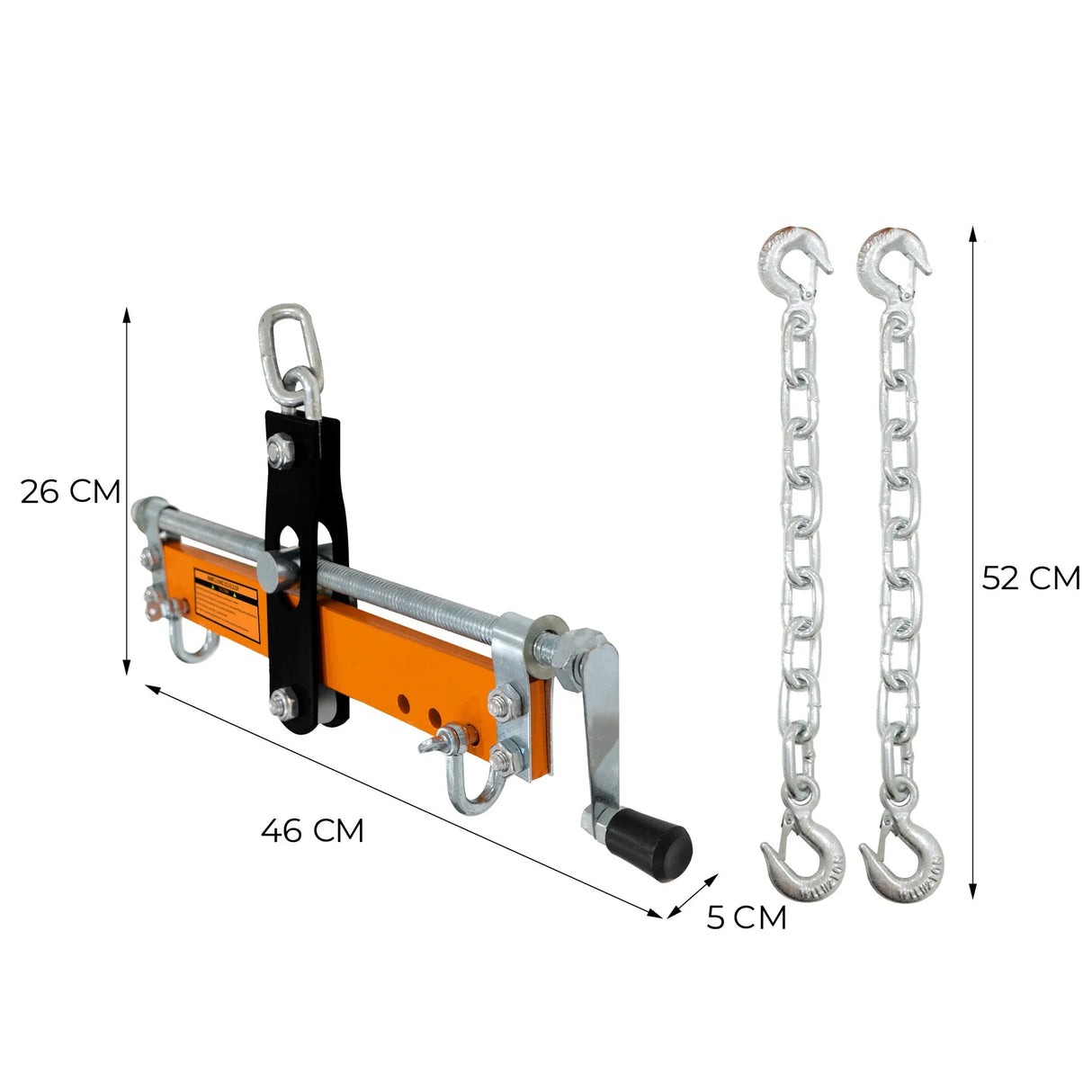 Engine crane load leveller with orange and silver finish, featuring adjustable hooks and sturdy chains for lifting heavy loads