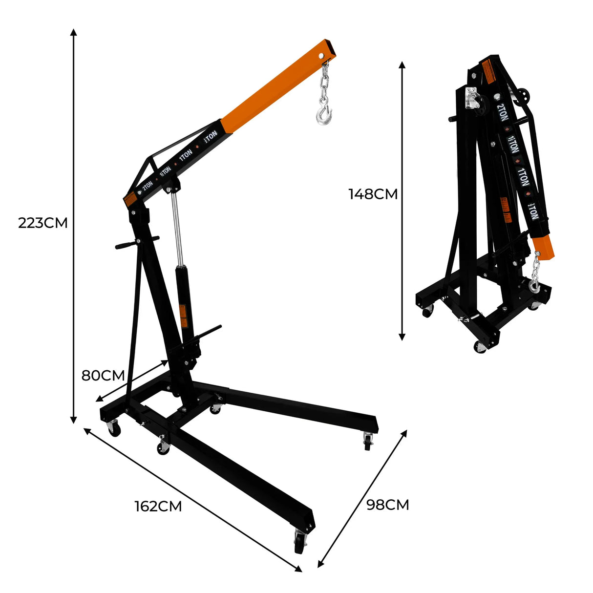 Engine crane with a 2-tonne capacity, featuring a sturdy black frame, orange arm, and adjustable height for versatile lifting tasks