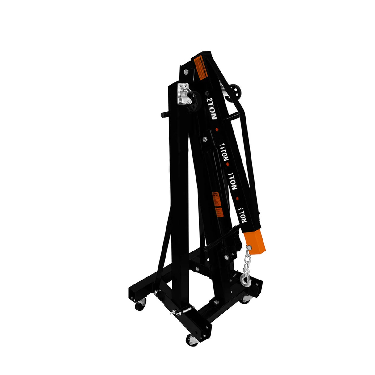 Heavy-duty black engine crane with orange accents, designed for lifting up to 2 tonnes, featuring a sturdy frame and wheels for mobility