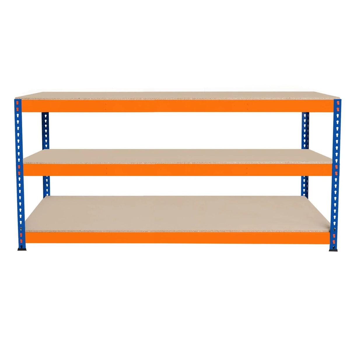 S-Rax 3 tier workbench with sturdy blue metal frame and orange shelves, measuring 180cm x 60cm x 90cm, ideal for storage and workspace