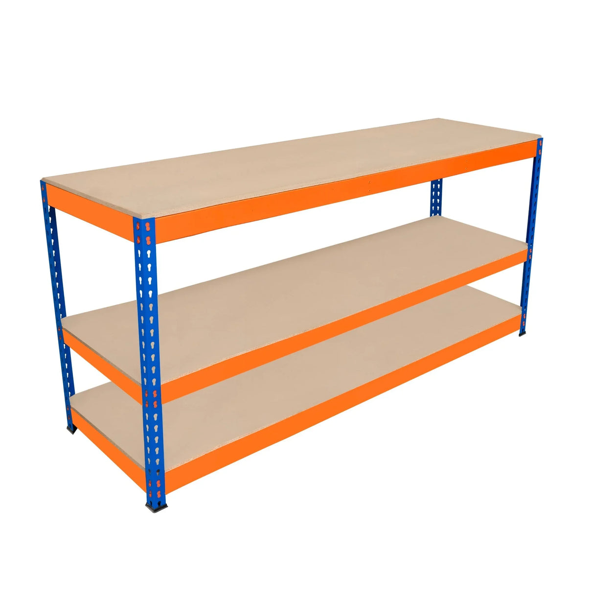 S-Rax 3 Tier Workbench with a sturdy blue and orange metal frame, featuring three spacious beige shelves for versatile storage