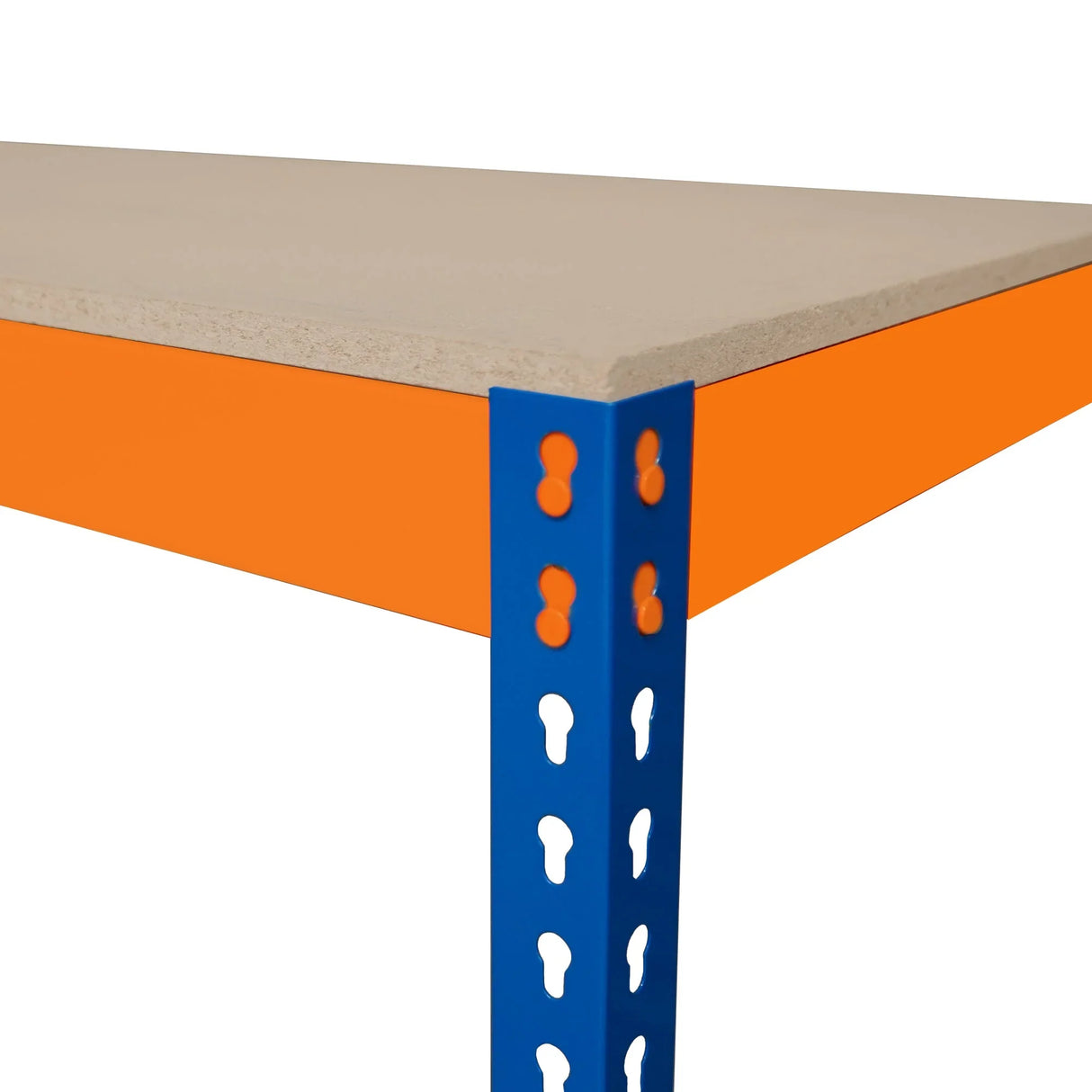 S-Rax 3 Tier Workbench with a sturdy blue metal frame and a smooth beige top, showcasing a corner detail with vibrant orange accents