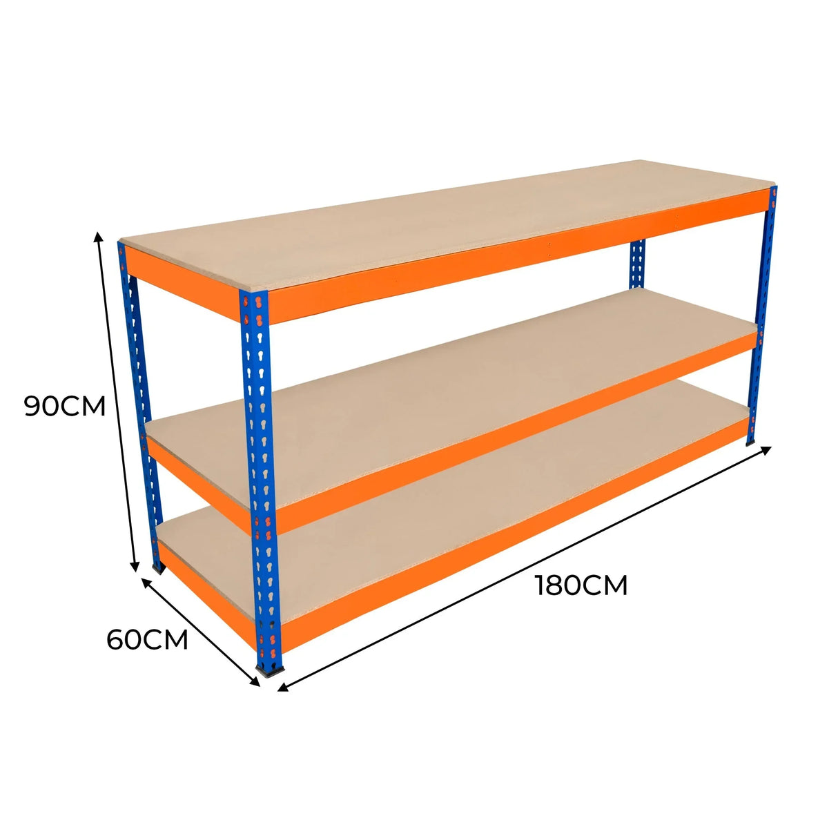 S-Rax 3 Tier Workbench with orange shelves and blue metal frame, measuring 180cm x 60cm x 90cm, ideal for workspace organization