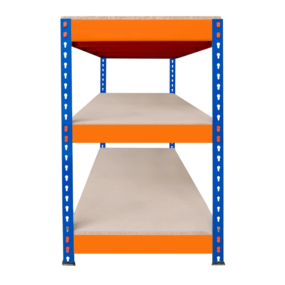 S-Rax 3 Tier Workbench with blue metal frame and orange shelves, featuring a sturdy design ideal for workshops and storage needs