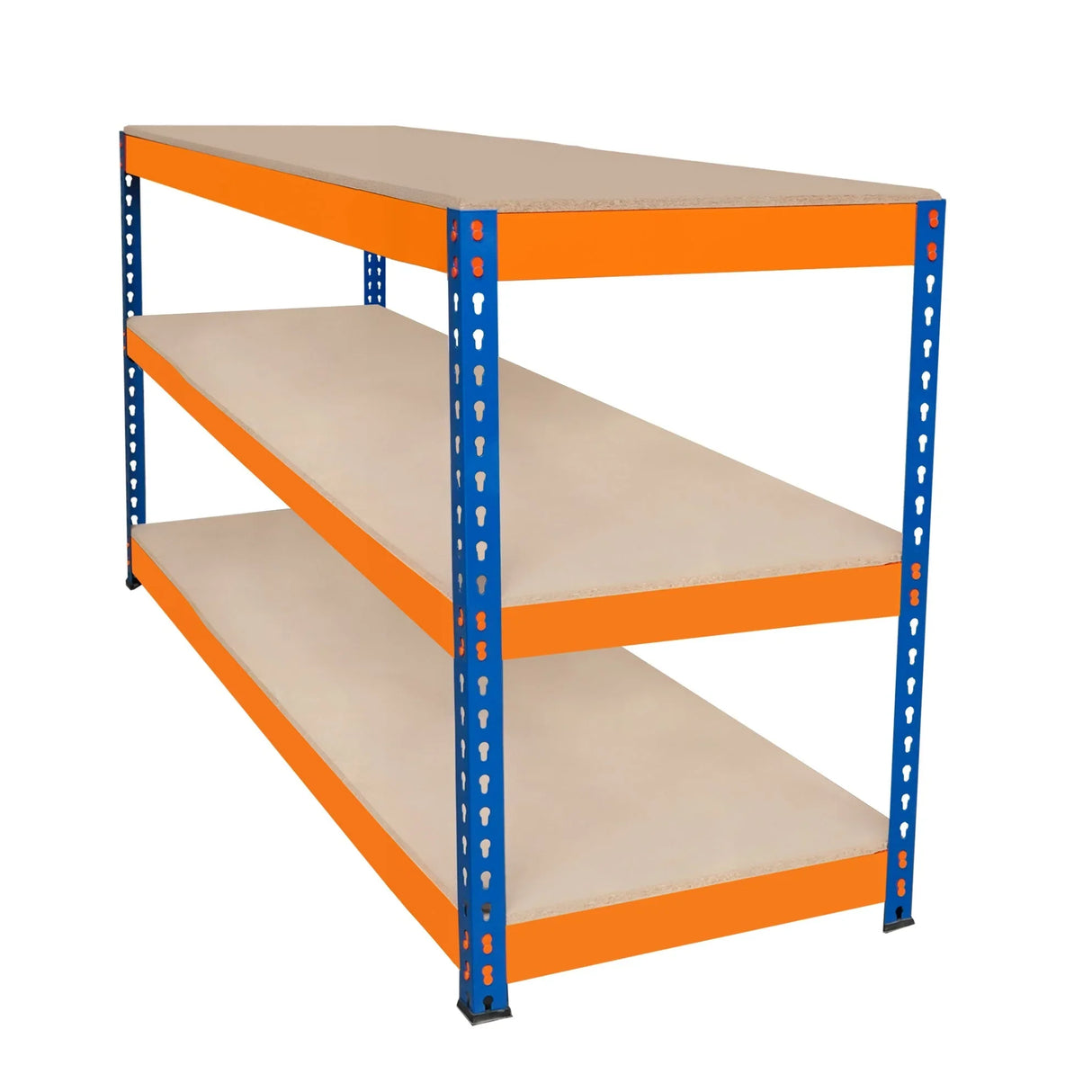 S-Rax 3 Tier Workbench with orange and blue metal frame, featuring three spacious shelves and a sturdy, smooth surface for various tasks