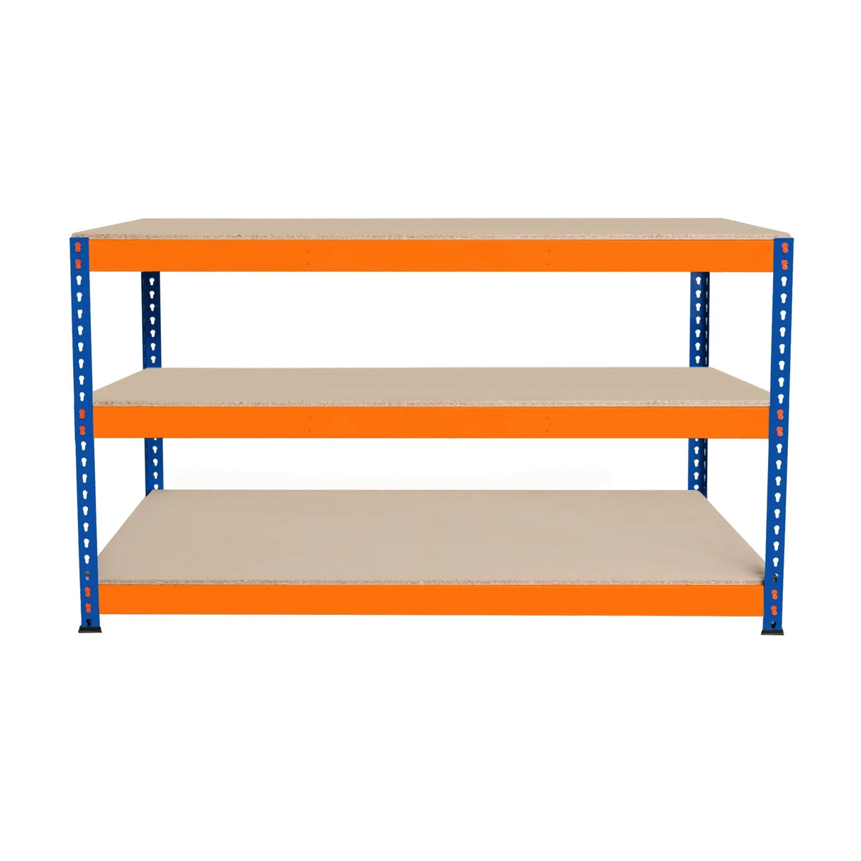 S-Rax 3 Tier Workbench with sturdy blue metal frame and orange accents, featuring three spacious beige shelves for versatile storage