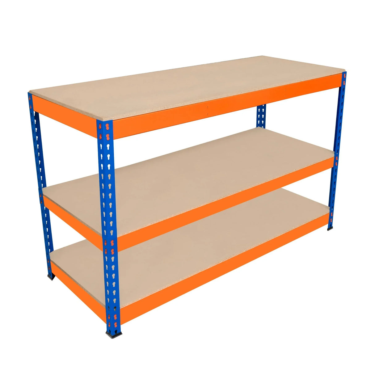 S-Rax 3 Tier Workbench with a sturdy orange and blue metal frame, featuring three spacious beige shelves for versatile storage