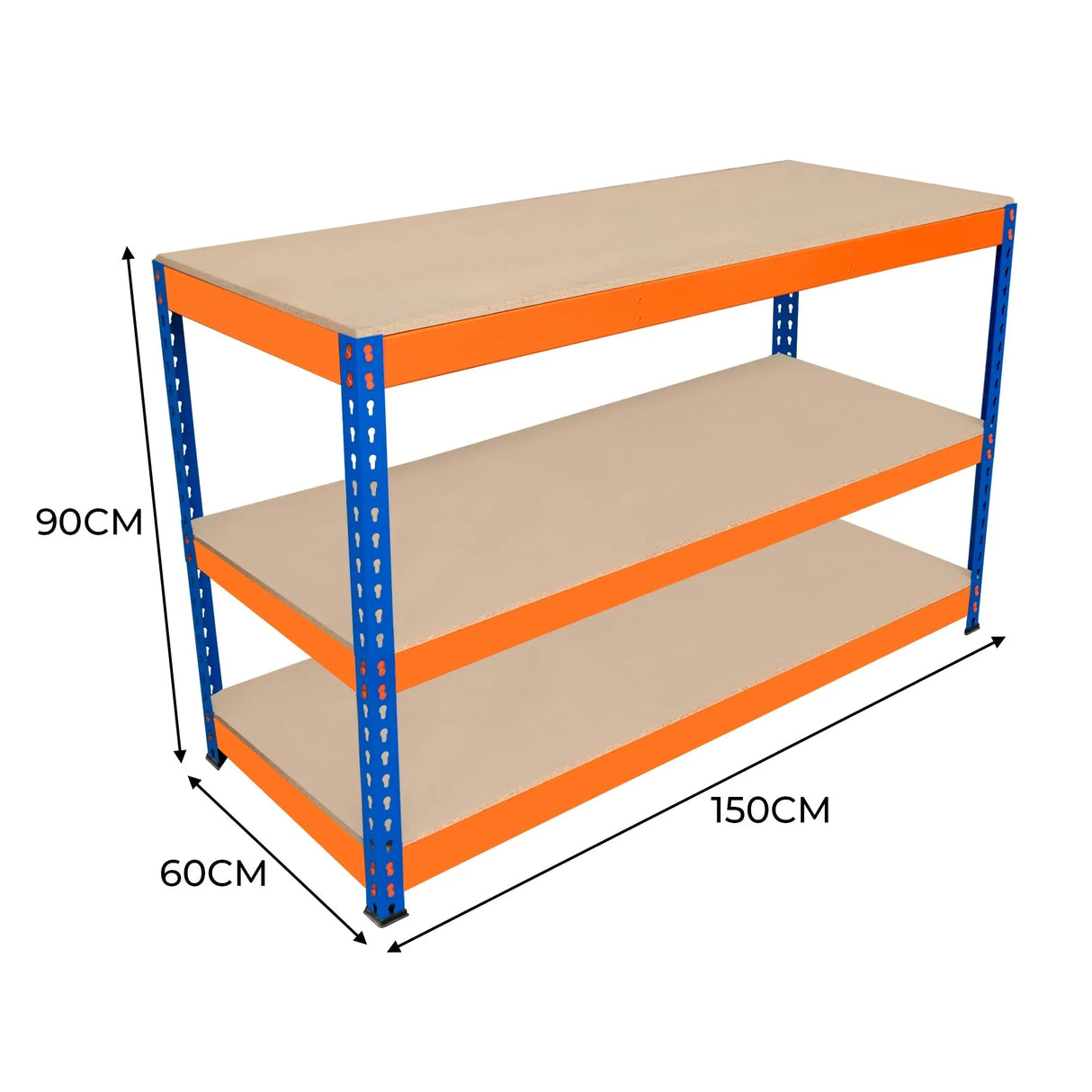 S-Rax 3 Tier Workbench with orange metal frame and sturdy beige shelves, measuring 150cm x 60cm x 90cm, ideal for workspace organization