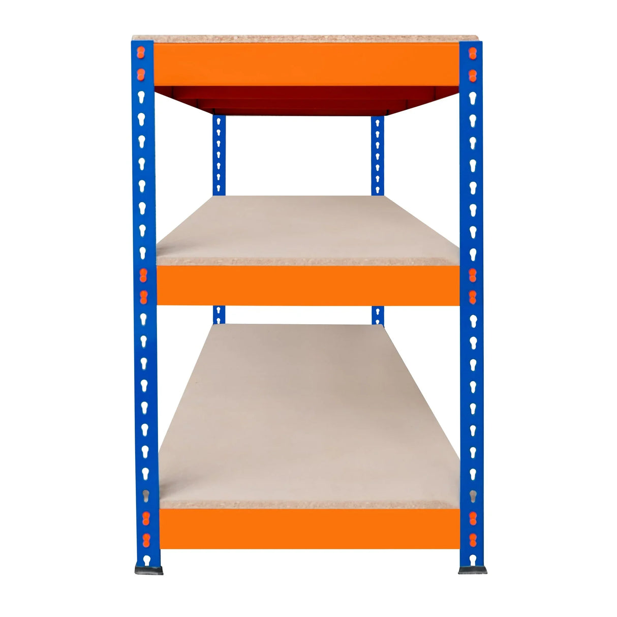 S-Rax 3 Tier Workbench with sturdy blue metal frame, orange shelves, and smooth beige surfaces, ideal for workspace organization