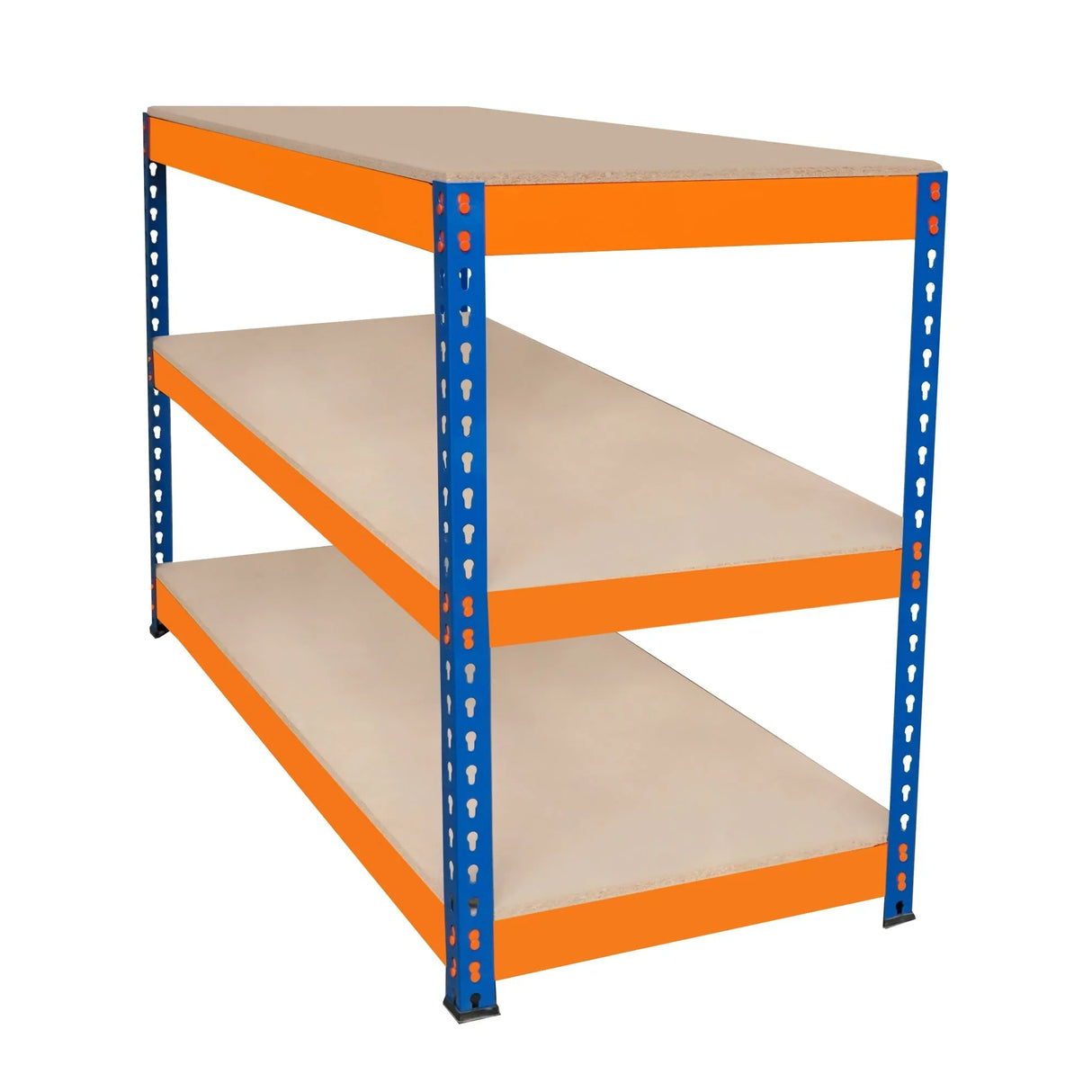S-Rax 3 Tier Workbench with orange metal frame and three sturdy beige shelves, ideal for storage and workspace organization