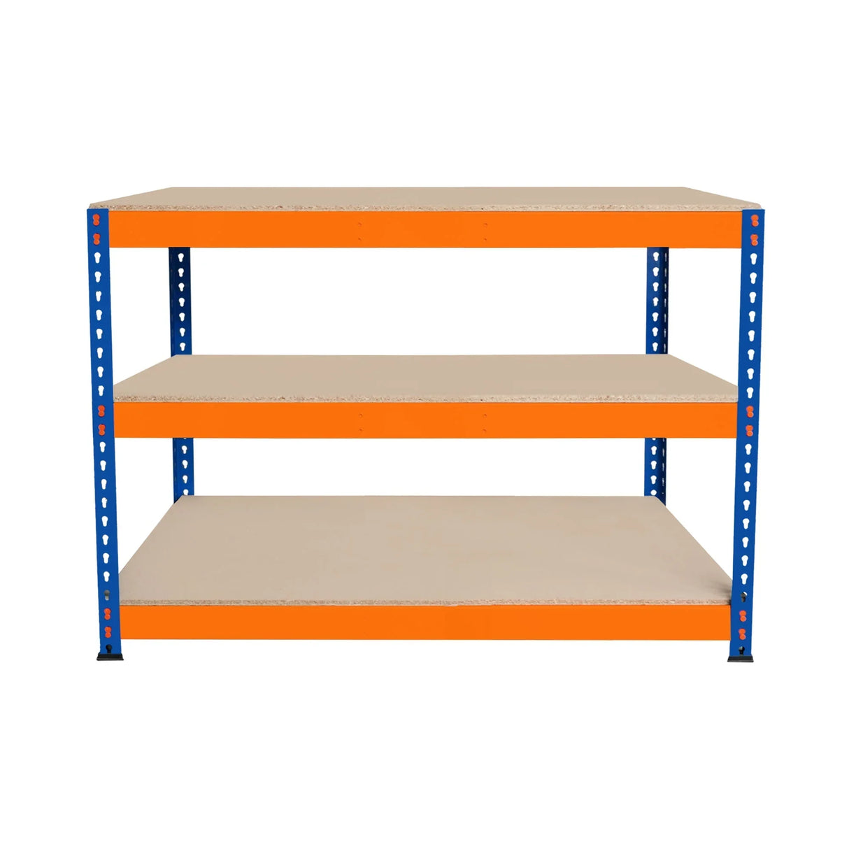 S-Rax 3 Tier Workbench with sturdy blue metal frame and orange accents, featuring three spacious beige shelves for versatile storage