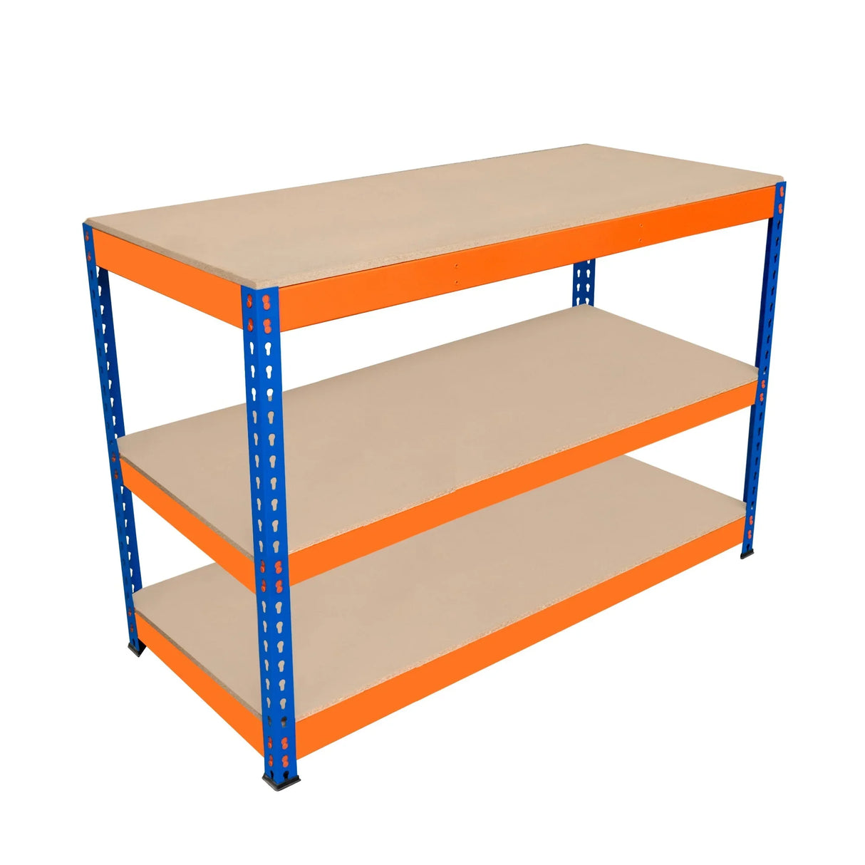 S-Rax 3 Tier Workbench with sturdy blue metal frame and orange shelves, measuring 120cm x 60cm x 90cm, ideal for workspace organization