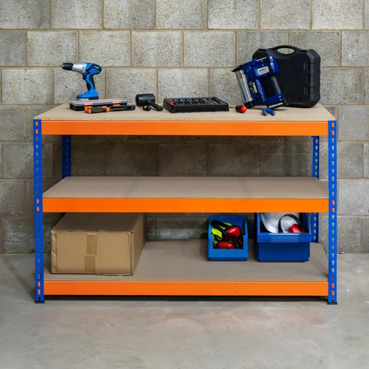 S-Rax 3 Tier Workbench in blue and orange, featuring a sturdy surface, tools, and storage boxes, ideal for workshops and garages