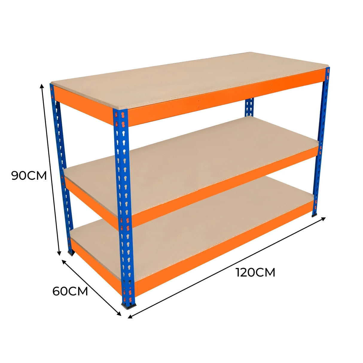 S-Rax 3 Tier Workbench featuring a sturdy blue metal frame and smooth beige shelves, measuring 120cm x 60cm x 90cm