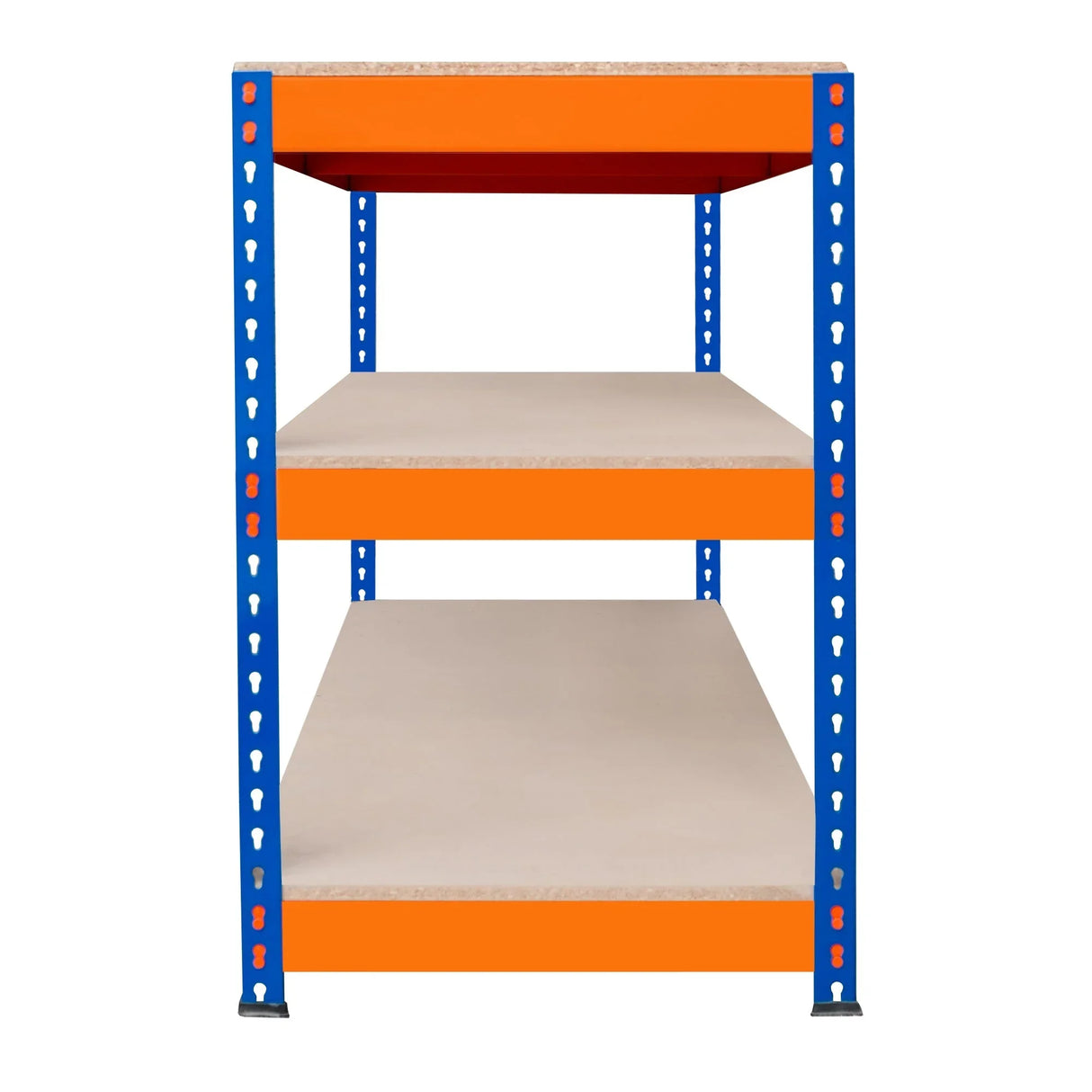 S-Rax 3 Tier Workbench features a sturdy blue metal frame with orange shelves, ideal for organizing tools and workspace essentials