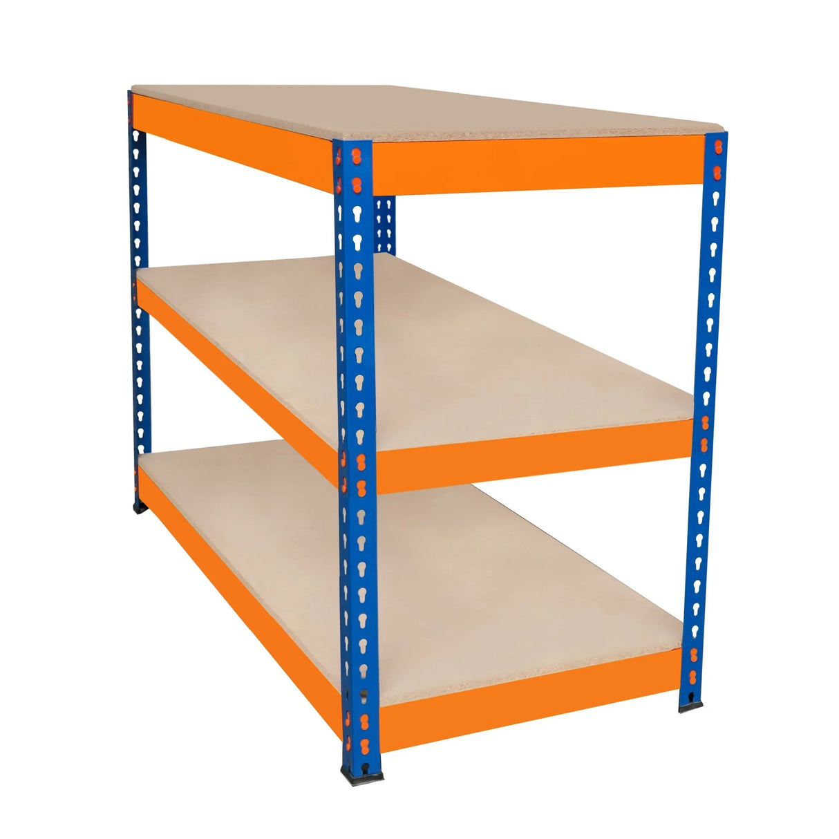 S-Rax 3 Tier Workbench with orange metal frame and three sturdy beige shelves, ideal for storage and workspace organization