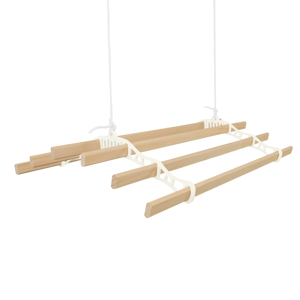 Ceiling pulley clothing airer in ivory with wooden drying rods, featuring a sleek design and adjustable hanging cords for space-saving laundry drying