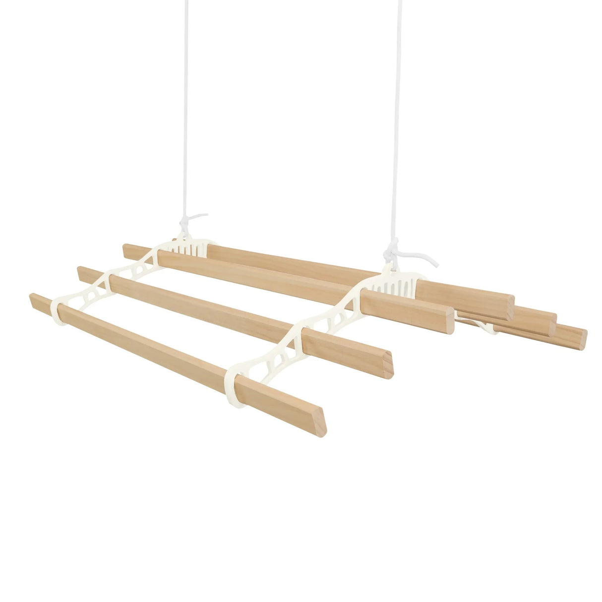 Ceiling pulley clothing airer in ivory with four wooden drying rods, designed for efficient space-saving laundry drying