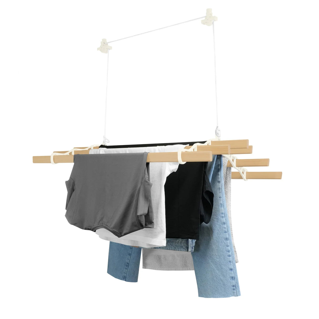 Ceiling pulley clothing airer in ivory with wooden rods, featuring gray, black, and blue garments hanging for efficient drying