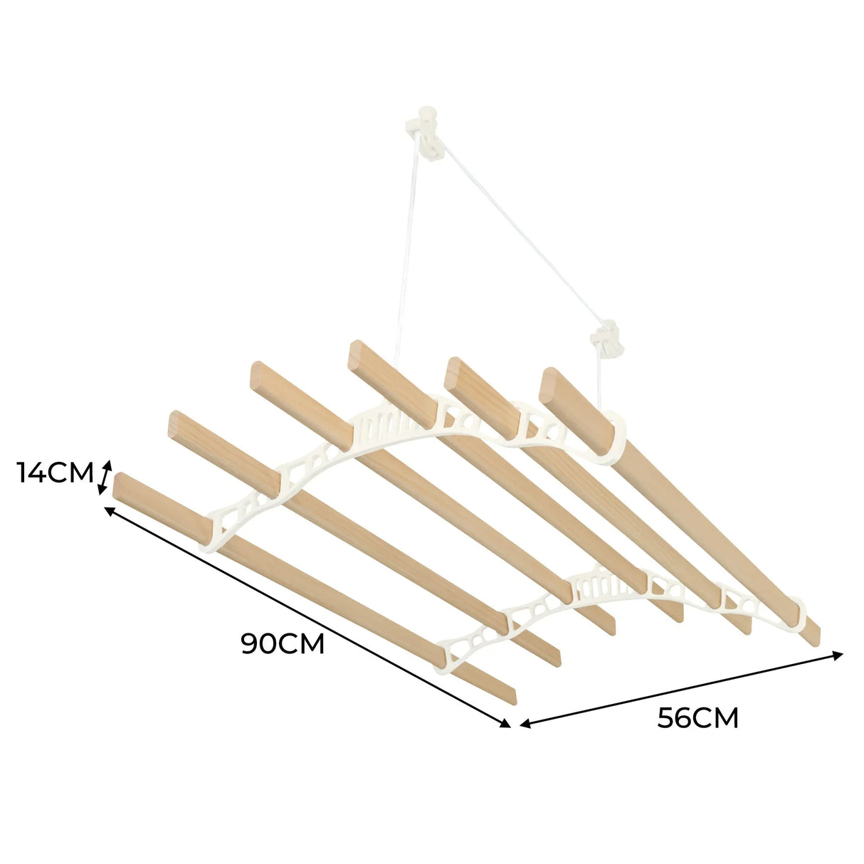 Ceiling pulley clothing airer in ivory with wooden drying rods, measuring 90cm wide and 56cm deep, ideal for space-saving laundry drying