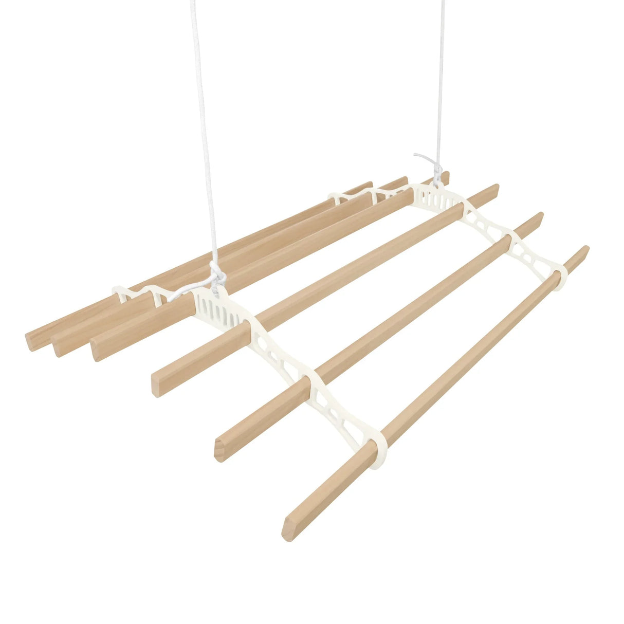 Ceiling-mounted clothing airer in ivory with five wooden rods, ideal for space-saving drying and efficient laundry management