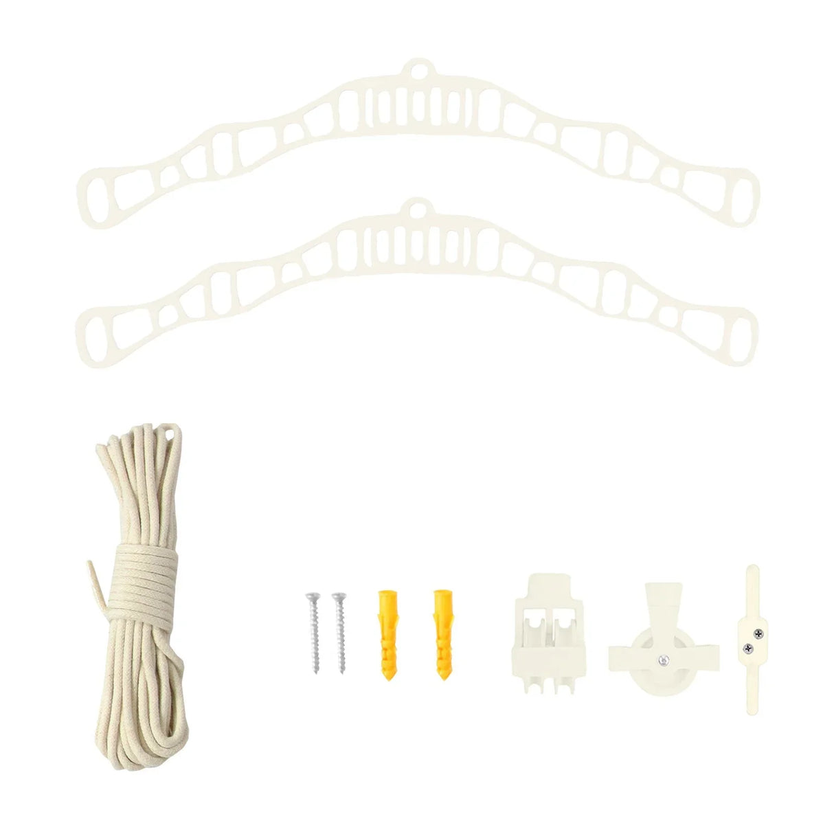 Ivory ceiling pulley clothing airer kit with two brackets, rope, screws, and wall plugs for efficient drying space management