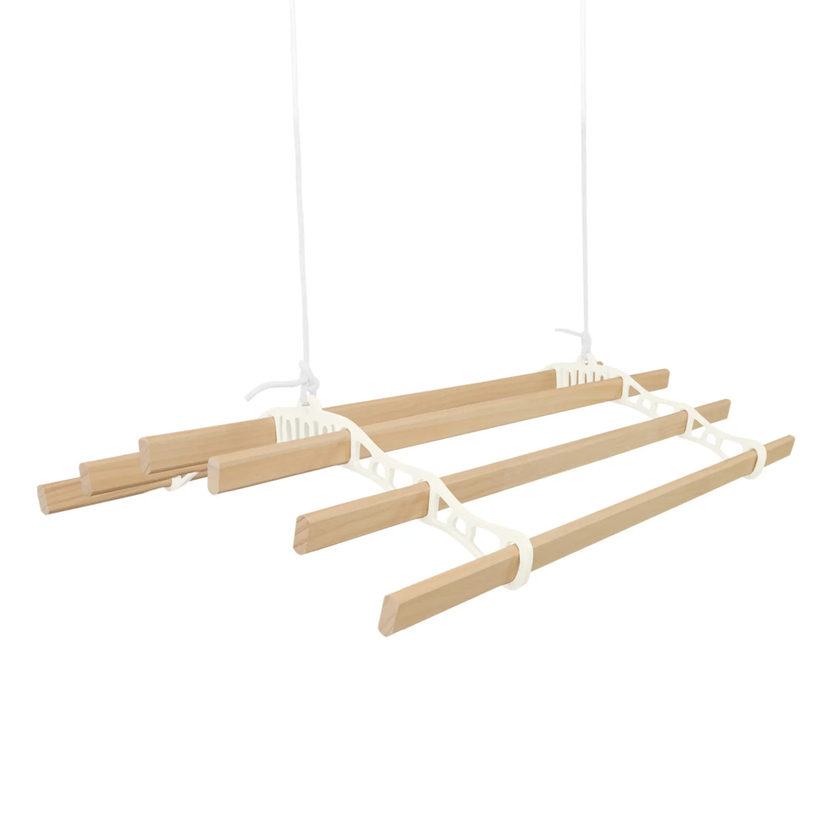 Ceiling pulley clothing airer in ivory with four wooden drying rods, featuring a sleek design and sturdy hanging system