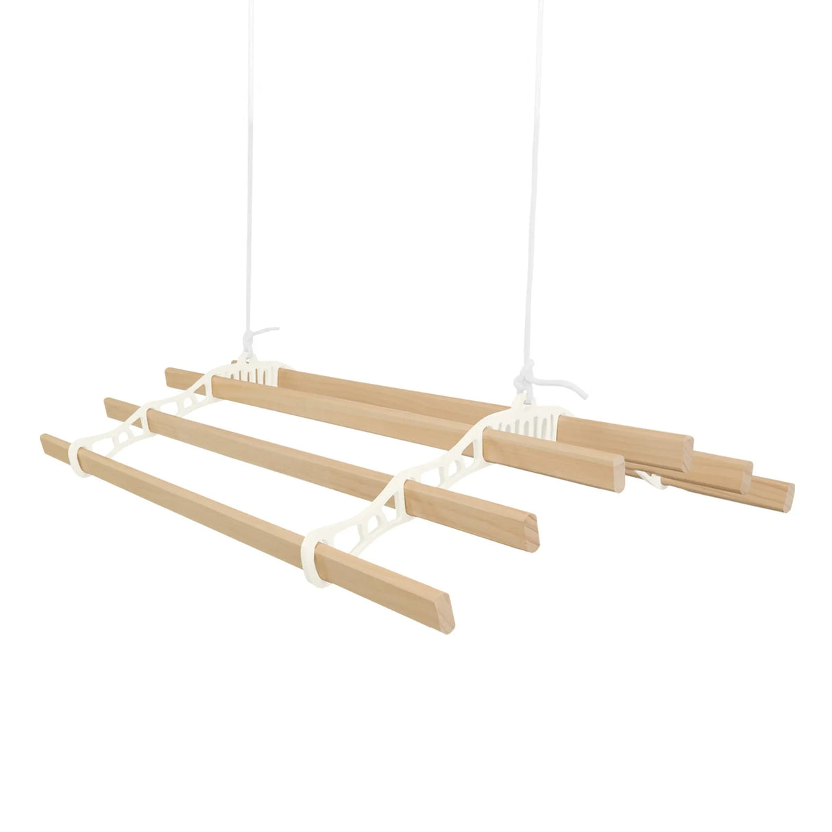 Ceiling pulley clothing airer in ivory, featuring four wooden drying rods, sturdy design, and adjustable hanging ropes for space-saving laundry drying
