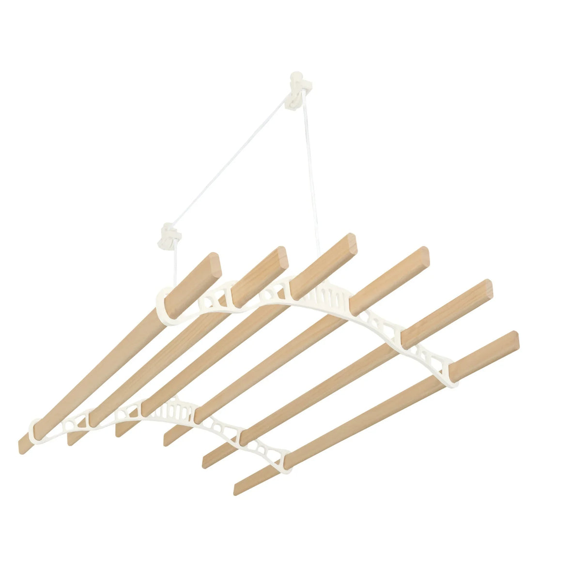 Ceiling pulley clothing airer in ivory with five wooden drying rods, featuring a sleek, curved design for efficient space-saving drying