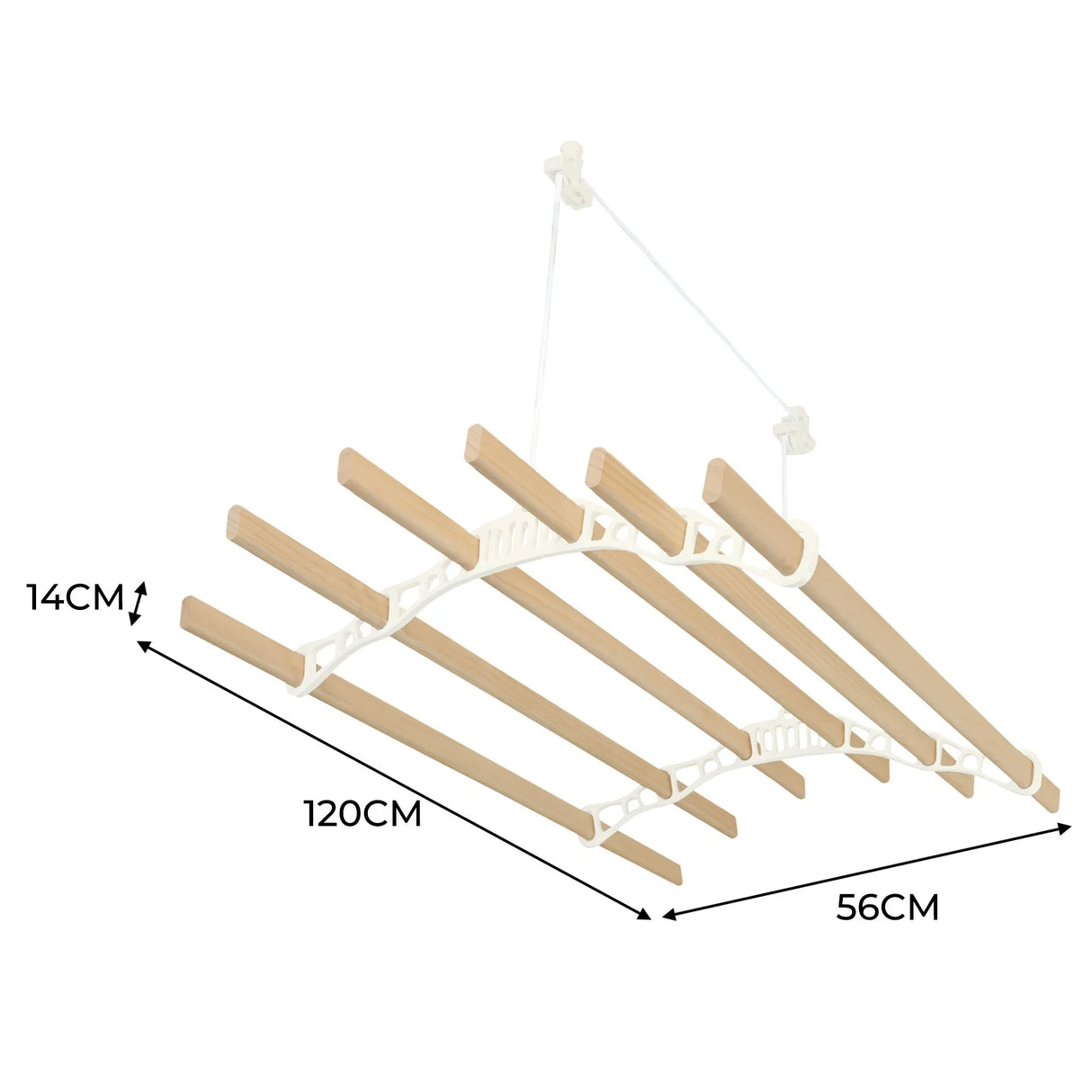 Ceiling-mounted clothing airer in ivory with wooden drying rods, measuring 1.2m wide and 56cm deep, ideal for space-saving laundry drying