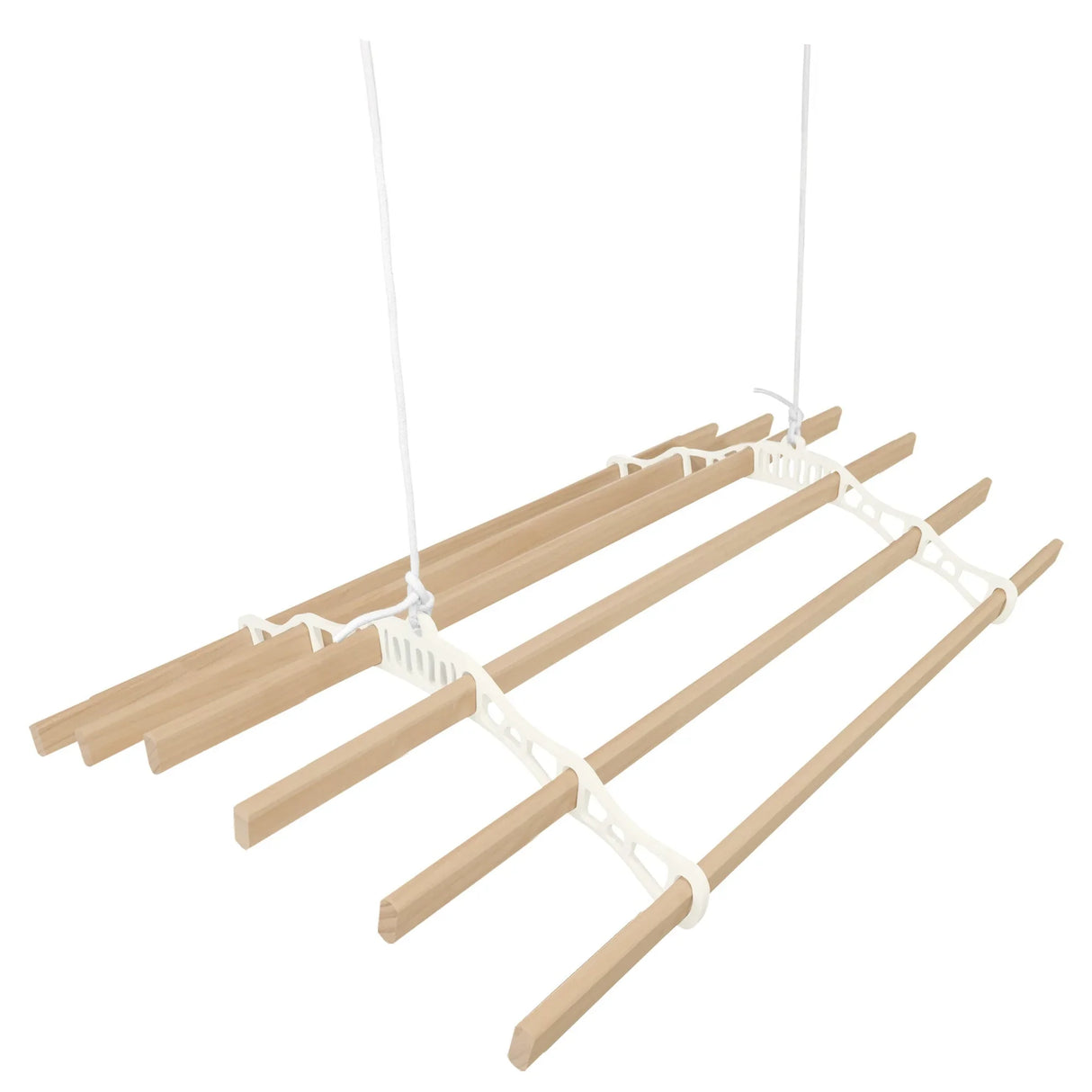 Ceiling pulley clothing airer in ivory with five wooden drying rods, designed for efficient space-saving laundry drying