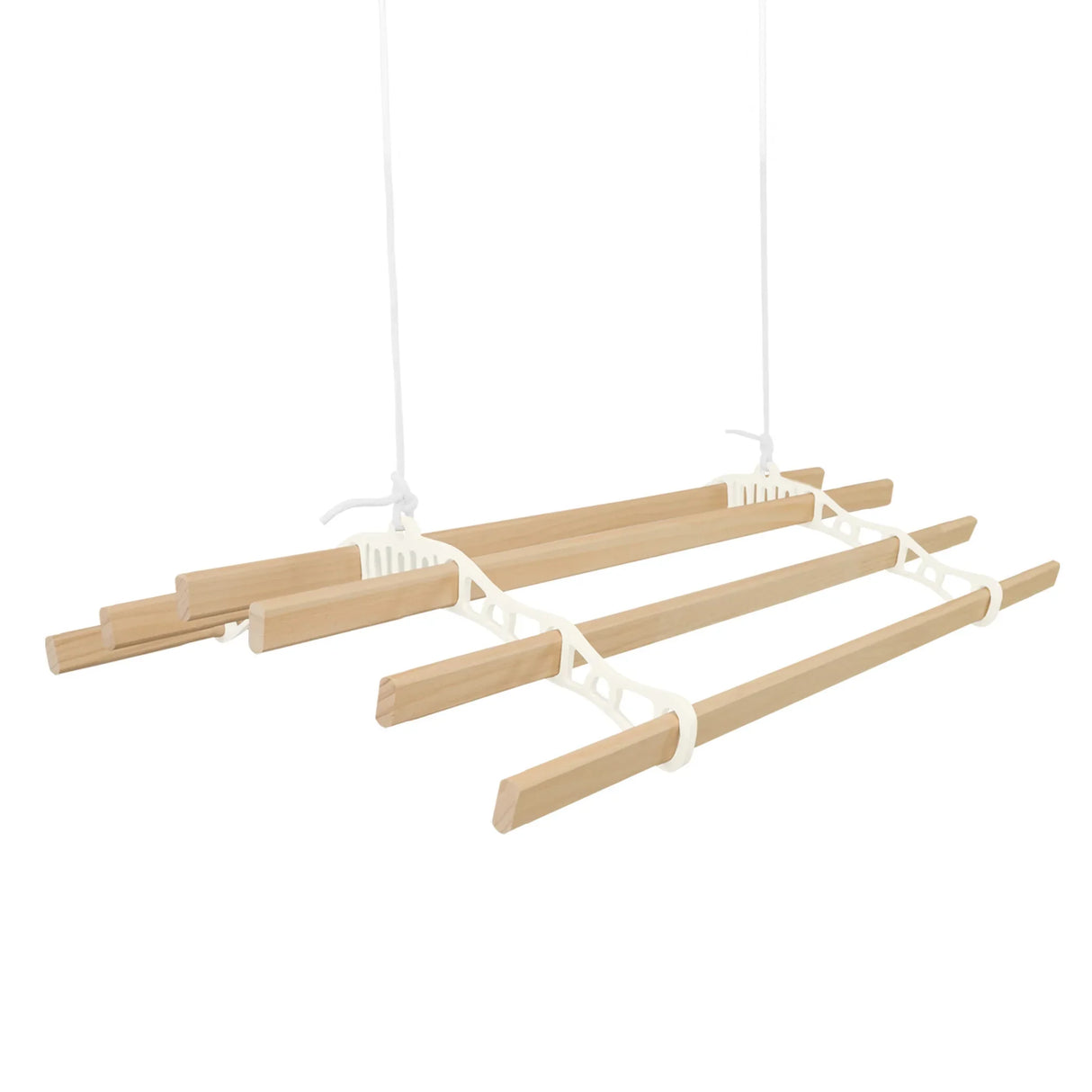 Ceiling-mounted clothing airer in ivory with wooden drying rods, featuring a sleek design and adjustable pulley system for efficient drying
