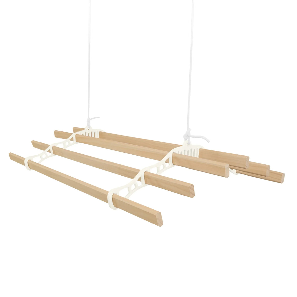 Ceiling pulley clothing airer in ivory with four wooden drying rods, ideal for maximizing space and efficient laundry drying