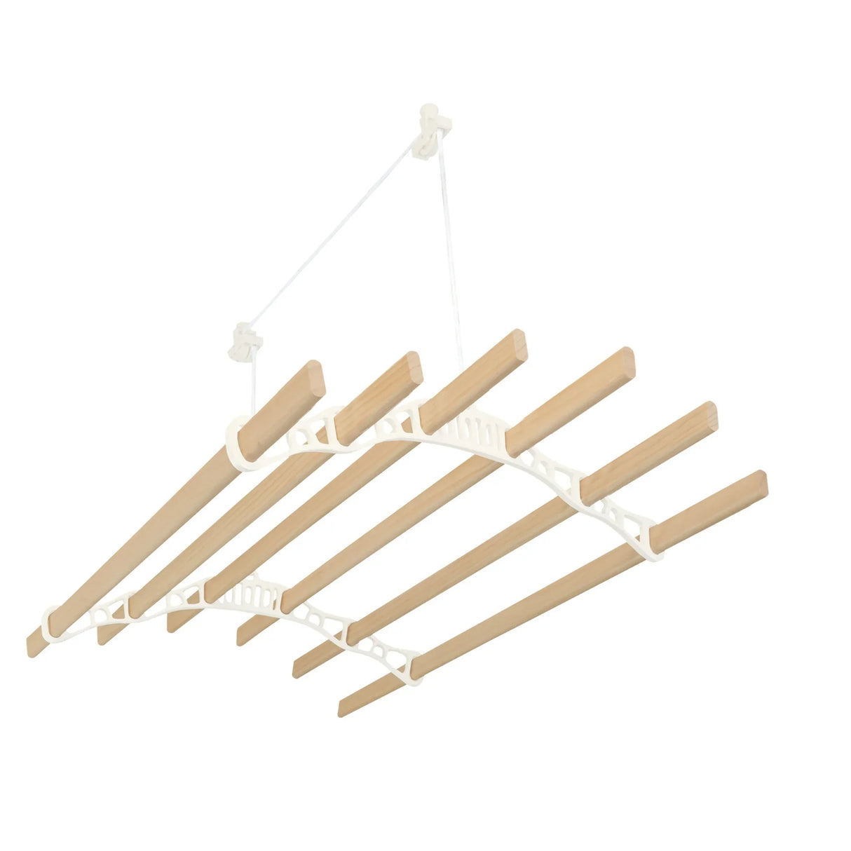 Ceiling-mounted clothing airer in ivory with six wooden drying rods, designed for efficient space-saving laundry drying