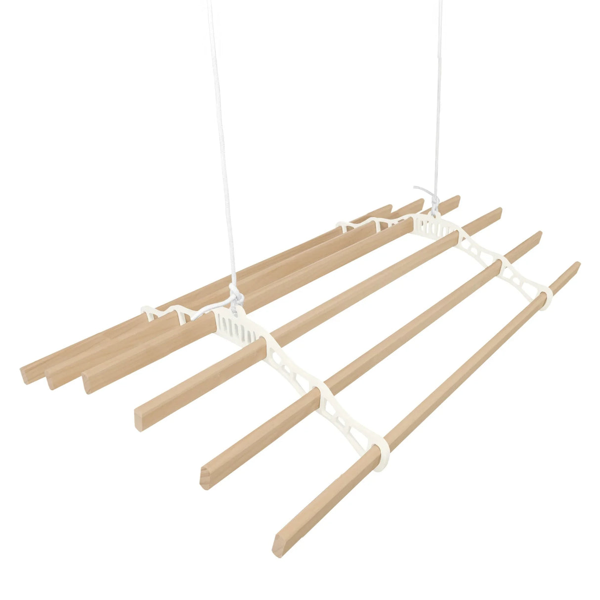 Ivory ceiling pulley clothing airer with five wooden drying rods, designed for space-saving laundry drying solutions