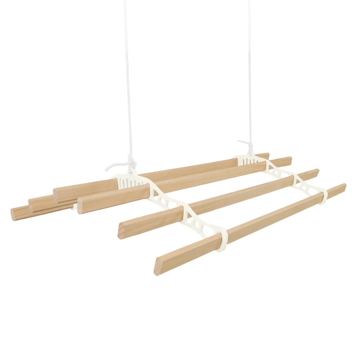 Ceiling pulley clothing airer in ivory, featuring four wooden drying rods and adjustable hanging cords for efficient laundry drying