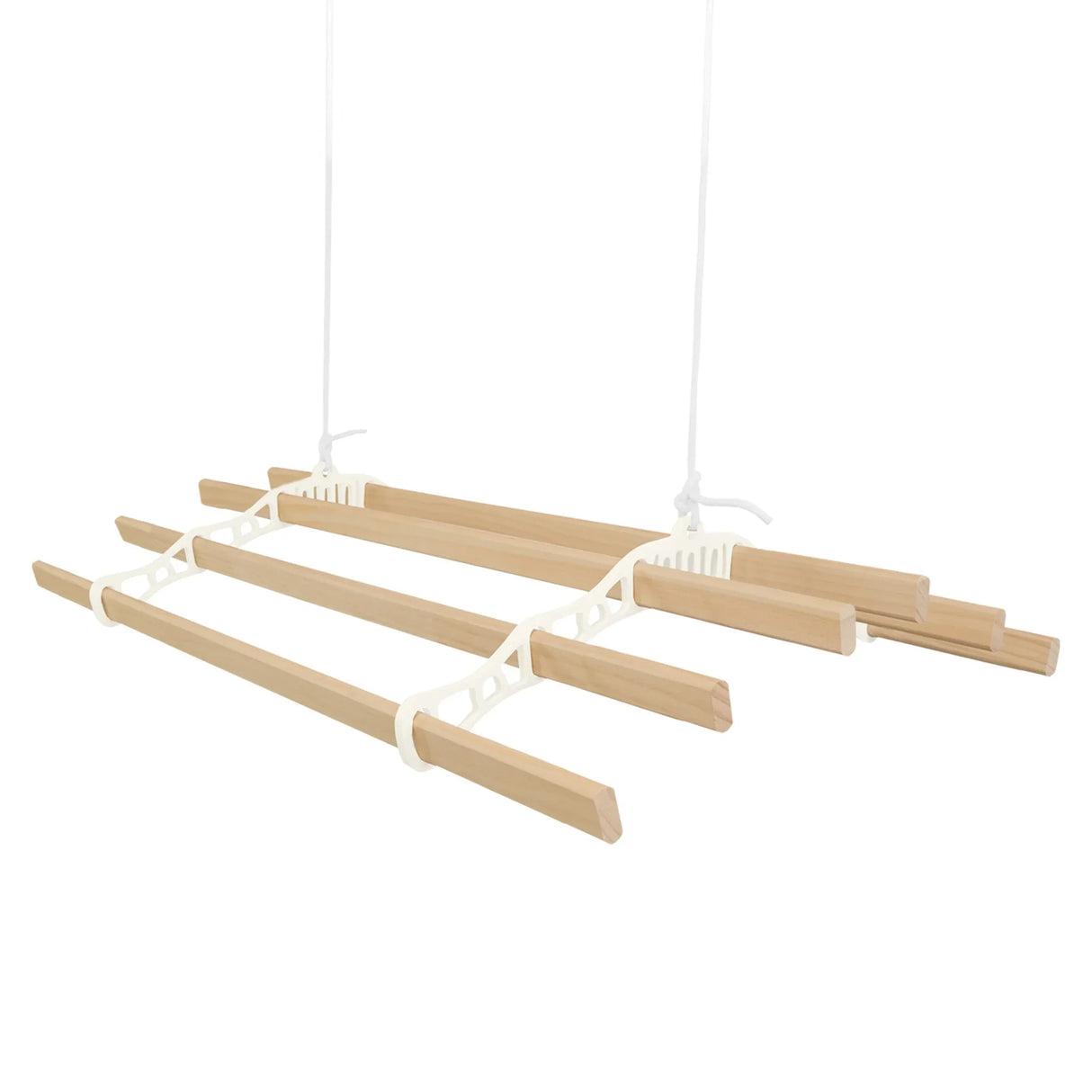 Ceiling pulley clothing airer in ivory with four wooden drying rods, designed for efficient space-saving laundry drying
