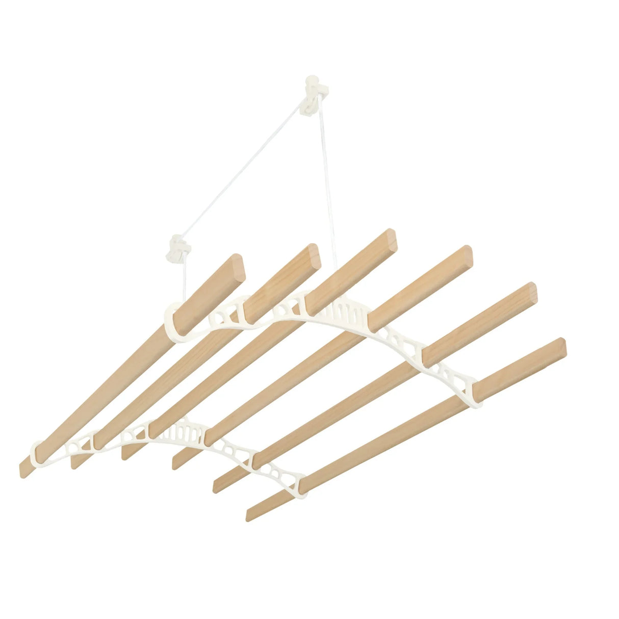 Ceiling-mounted clothing airer in ivory with wooden drying rods, featuring a sleek curved design and sturdy pulley system for efficient drying